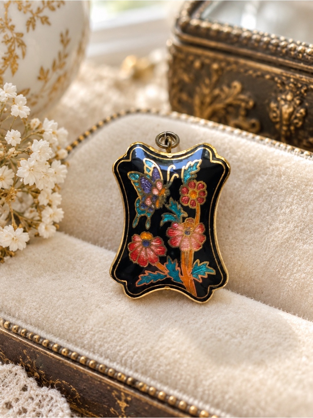 Black Enamel Butterfly & Floral Pendant Necklace - Gold Trim